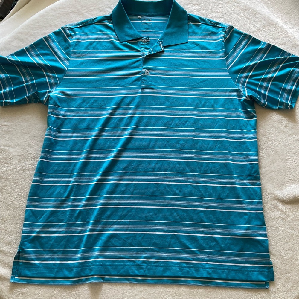 adidas Golf Puremotion  Teal and White Striped Polo Shirt Large